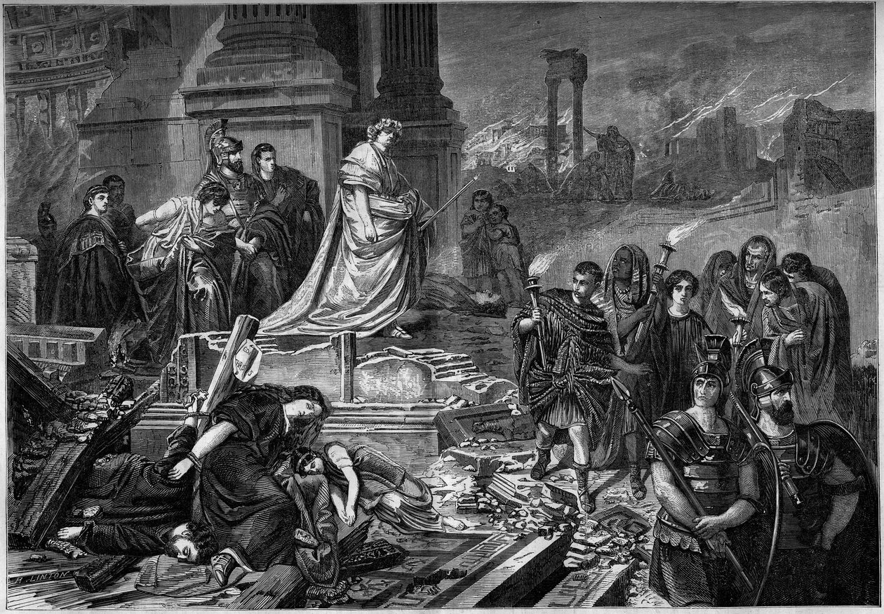 Neron após o incêndio em Roma, em 64. Gravura após o quadro de Karl Theodor von Piloty (1826-1886). Em "Le Monde Illustré" n°283 de 13 de Setembro de 1862. de French School