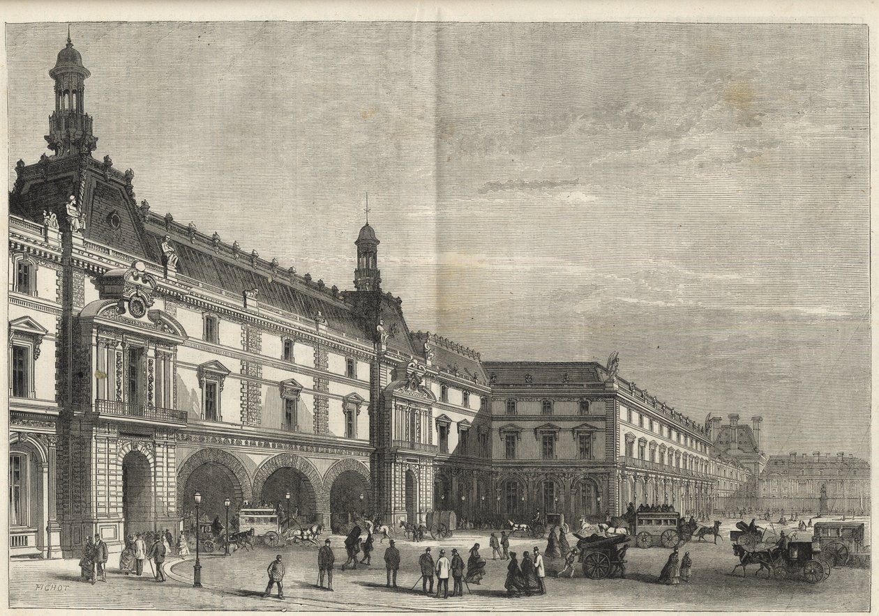 Novos Edifícios das Tuilerias na Place du Carrousel (gravura) - Le nouveau Louvre - facade du cote de la place du Carrousel et salle des États gravura de 1869 de French School