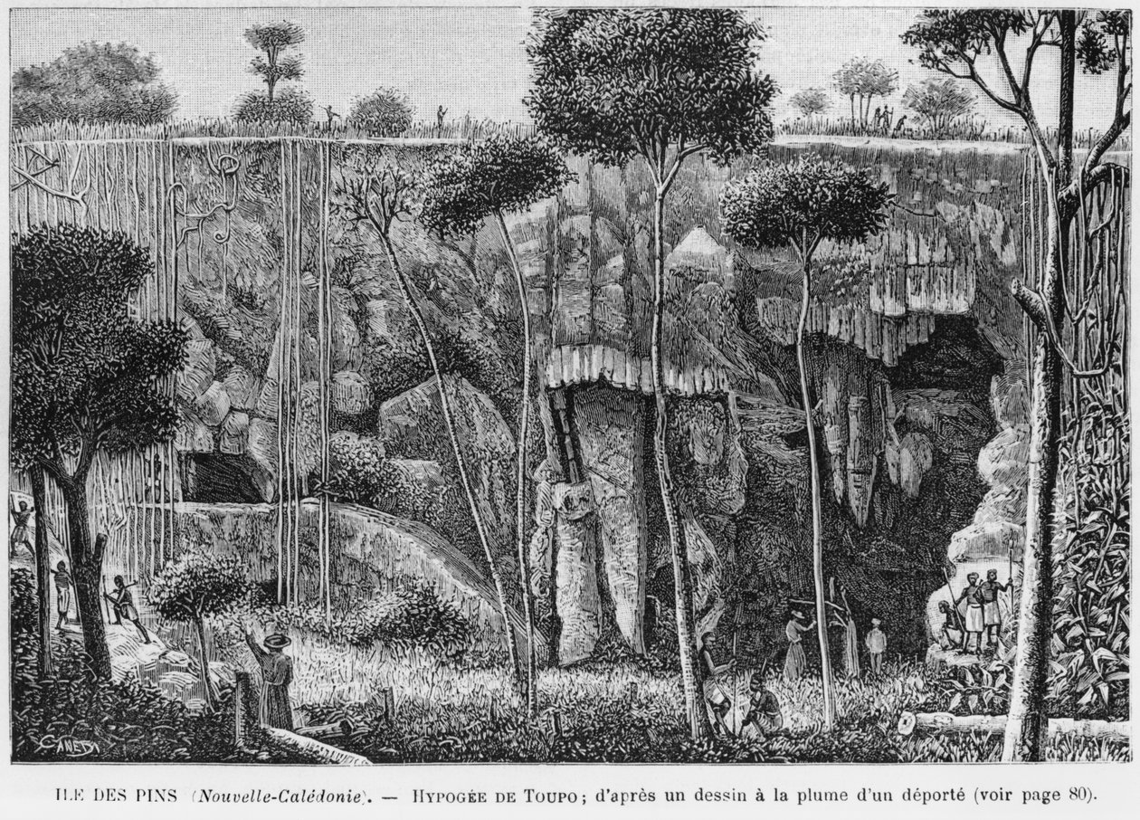 Nova Caledônia, Ilha dos Pinheiros, Hipogeu de Toupo, depois de uma caneta e tinta desenhada por um deportado, ilustração do boletim Les Missions Catholiques, 1893 de French School