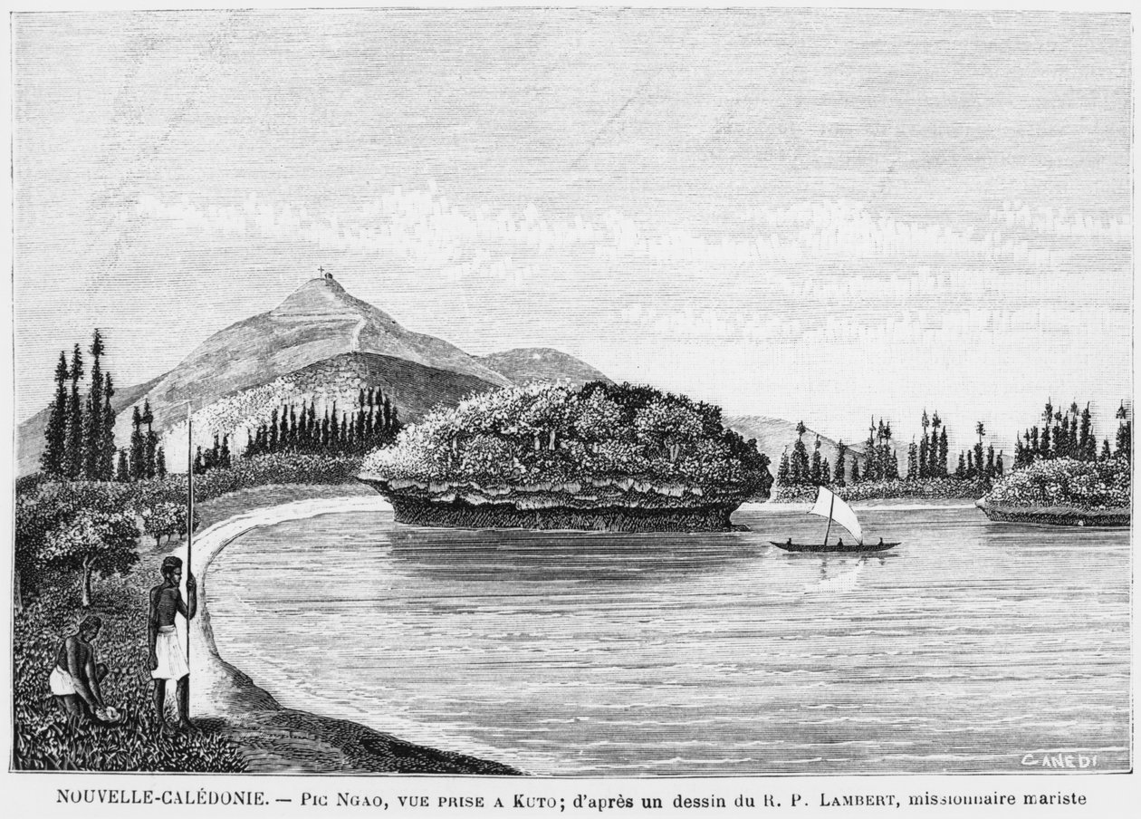 Nova Caledônia, Ilha dos Pinheiros, Pic Nga vista de Kuto, depois de um desenho do reverendo Padre Lambert, um missionário marista, ilustração do boletim Les Missions Catholiques, 1893 de French School