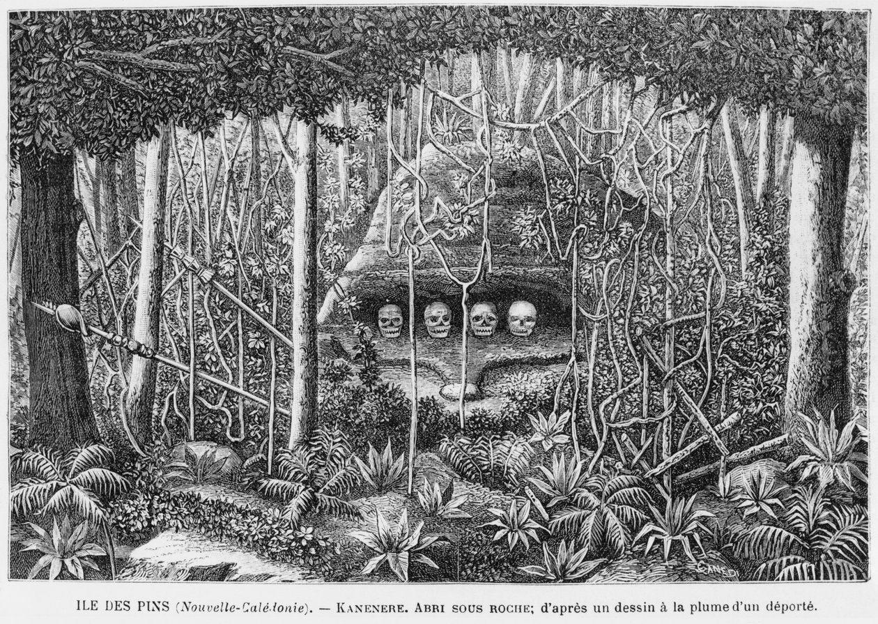 Nova Caledônia, Isle of Pines, um abrigo nas rochas, depois de uma caneta e tinta desenhada por um deportado, ilustração do boletim Les Missions Catholiques, 1893 de French School