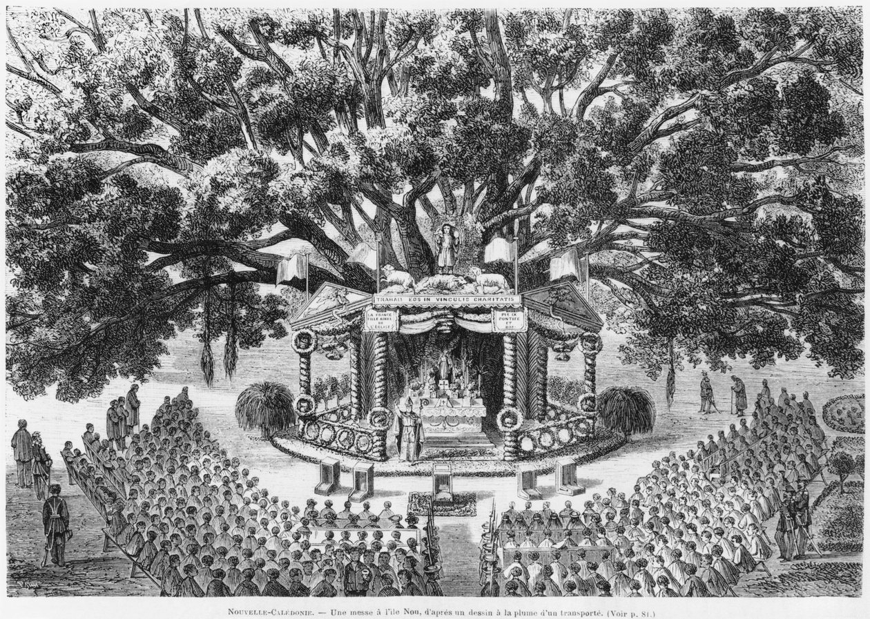 Nova Caledônia, celebrando missa na ilha de Nou, depois de uma caneta e tinta desenhando uma ilustração transportada do boletim Les Missions Catholiques, 1875 de French School