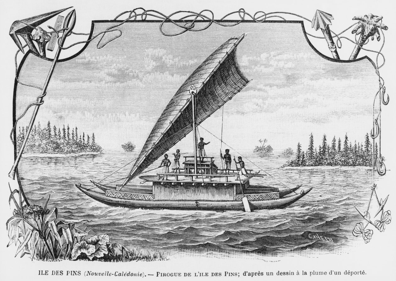 Nova Caledônia, piroga da ilha de pinheiros, depois de uma caneta e tinta desenho de um deportado, ilustração do boletim Les Missions Catholiques, 1893 de French School