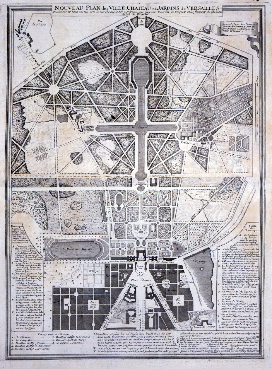 Novo plano da cidade, castelo e jardins em Versalhes, 1714, dos planos, perfis e elevações das cidades e Chateau de Versailles, publicado c.1715 de French School