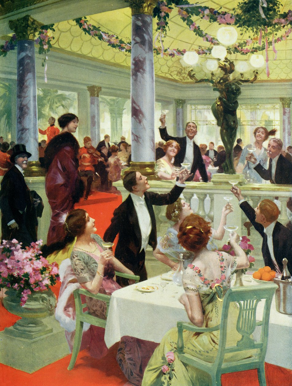 Véspera de Ano Novo em um restaurante, ilustração da revista La Vie Heureuse, 15 de dezembro de 1912 de French School