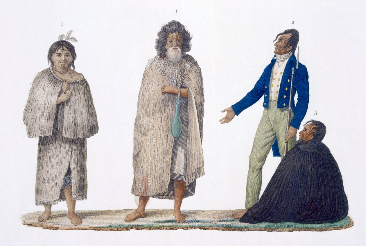 Nativos da Nova Zelândia em trajes indígenas e ocidentais, 1826 de French School