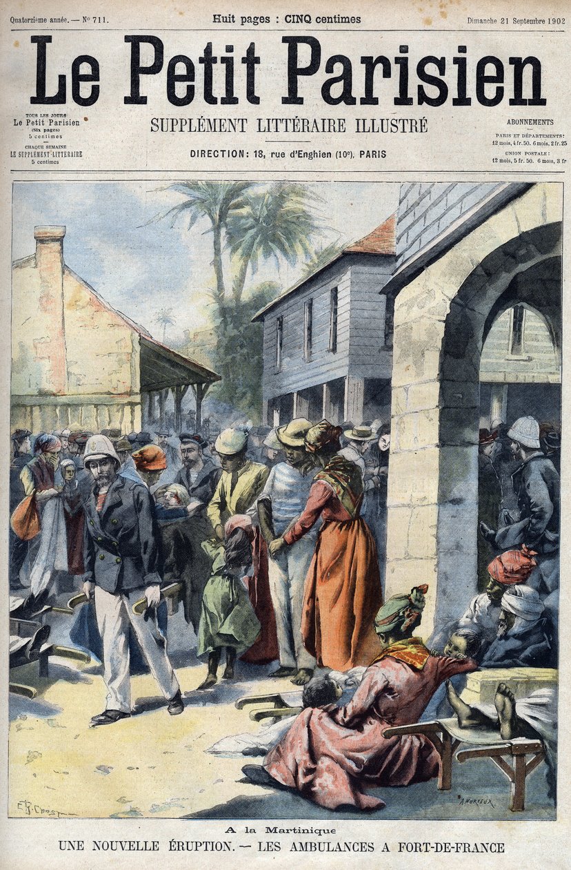 Nova erupção vulcânica do vulcão Montagne Pelee na Martinica: ambulâncias em Fort de France (Fort-de-France). Gravura no "Le Petit Parisien" (O Petit Parisien) de French School