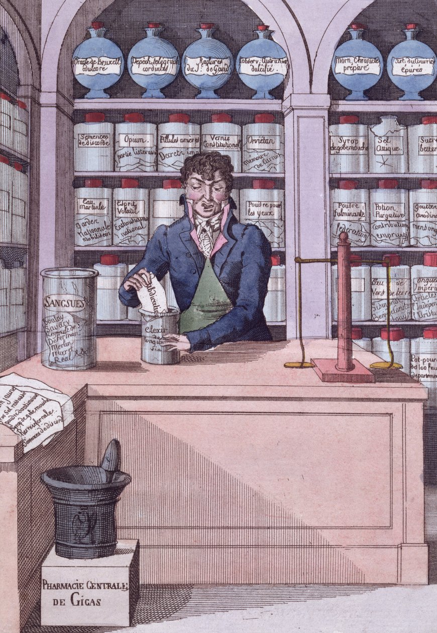 Dispensário de jornal sob Napoleão, ou o químico acadêmico, desenho animado representando a imprensa esmagada por Napoleão (gravura colorida) de French School