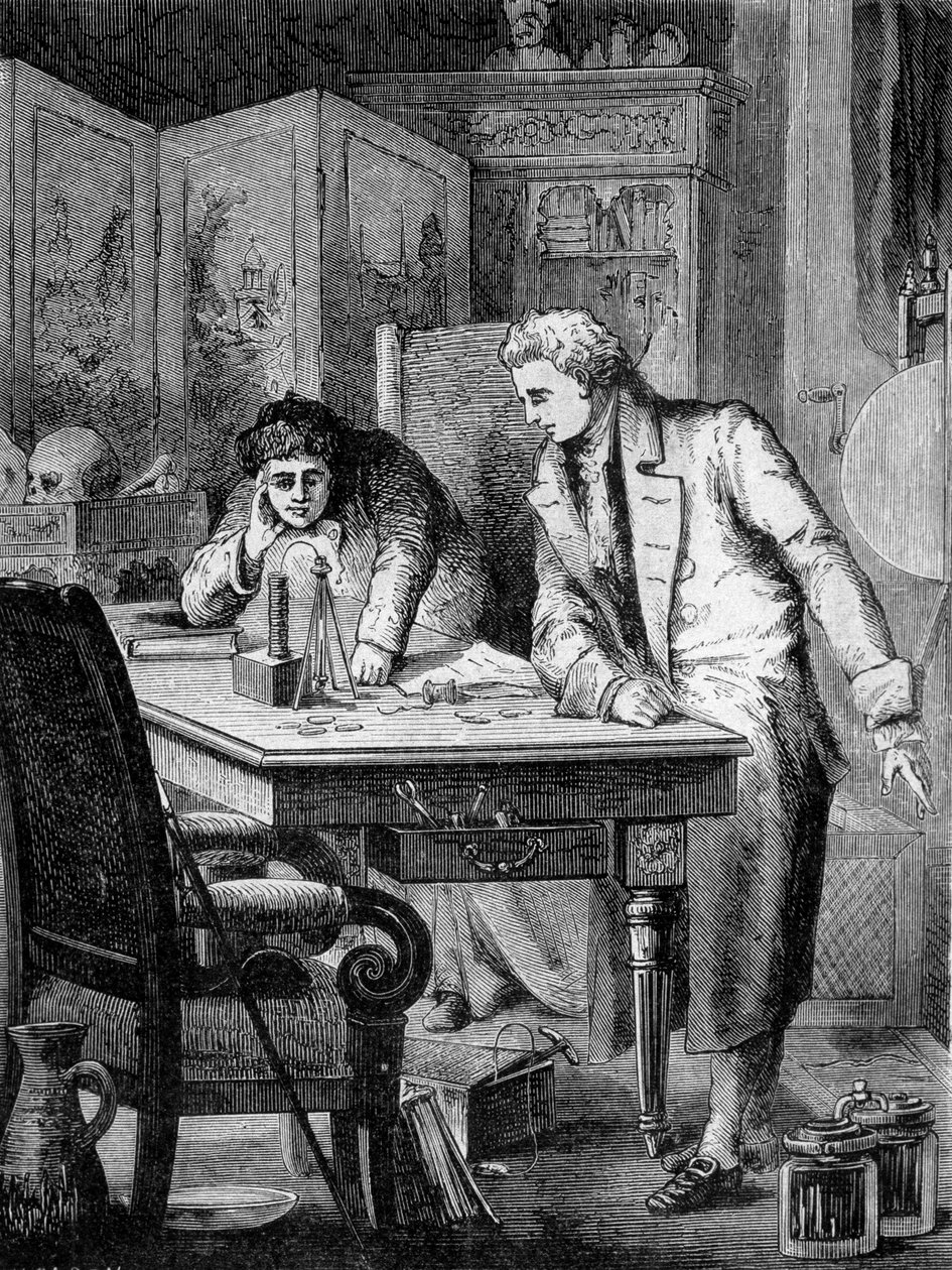 Nicholson e Carlisle, em Londres, decompondo a água pela pilha de volta (pilha de Alessandro (Alexandre) Volta), 2 de maio de French School