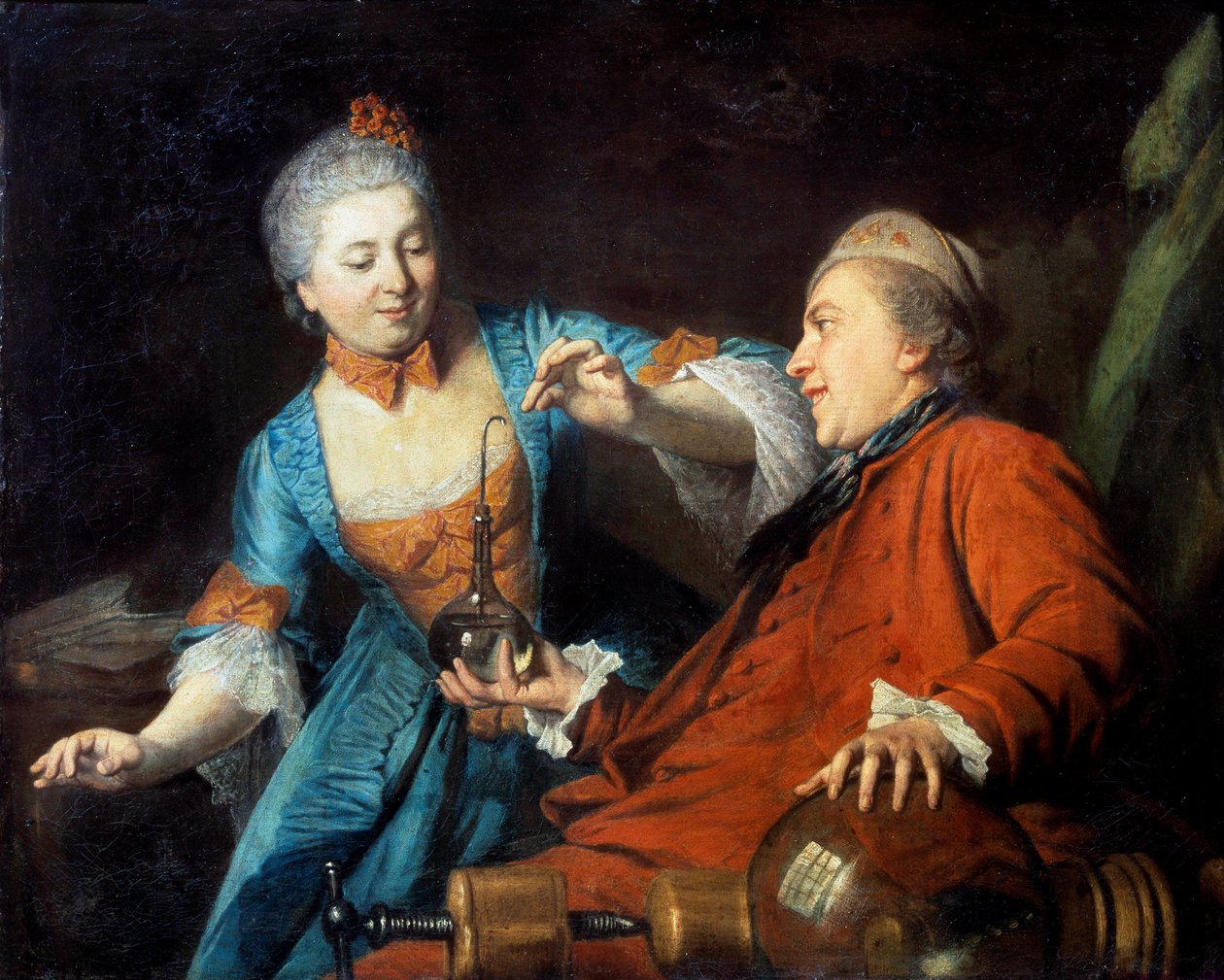 Nicolas Bergeat (1733-1815) e Madame de Maisoncel fazendo uma experiência de pintura anônima em física da Escola Francesa. 1770. Reims, Museu de Belas Artes de French School