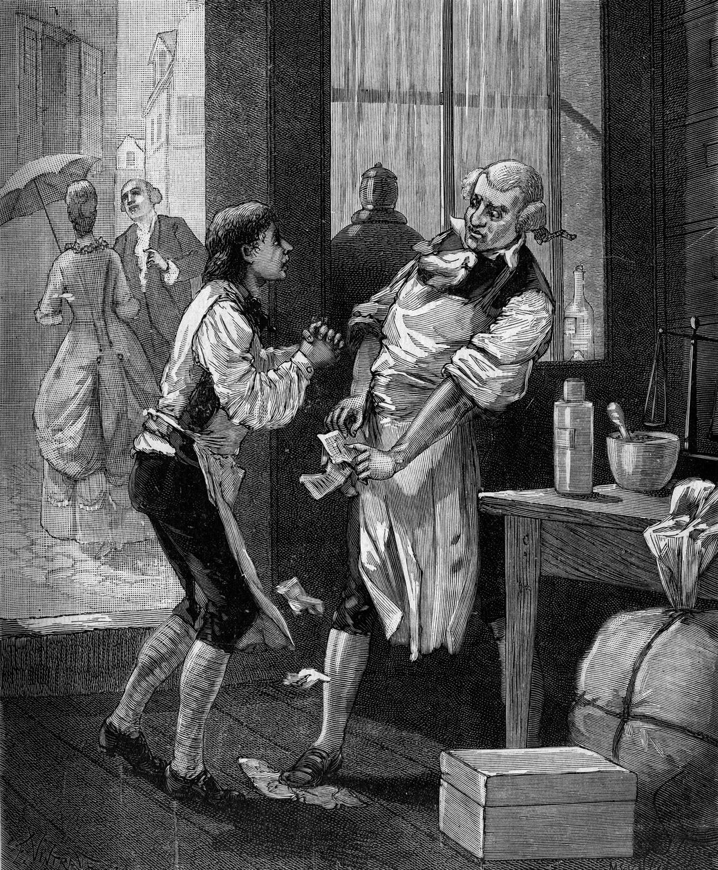 Nicolas Louis Vauquelin, um químico francês (1763 - 1829) trabalhou primeiro numa farmácia. em "Histoire populaire des sciences, inventions et discoveries from the first centuries to the present day" por Bitard Adolphe 1880. de French School