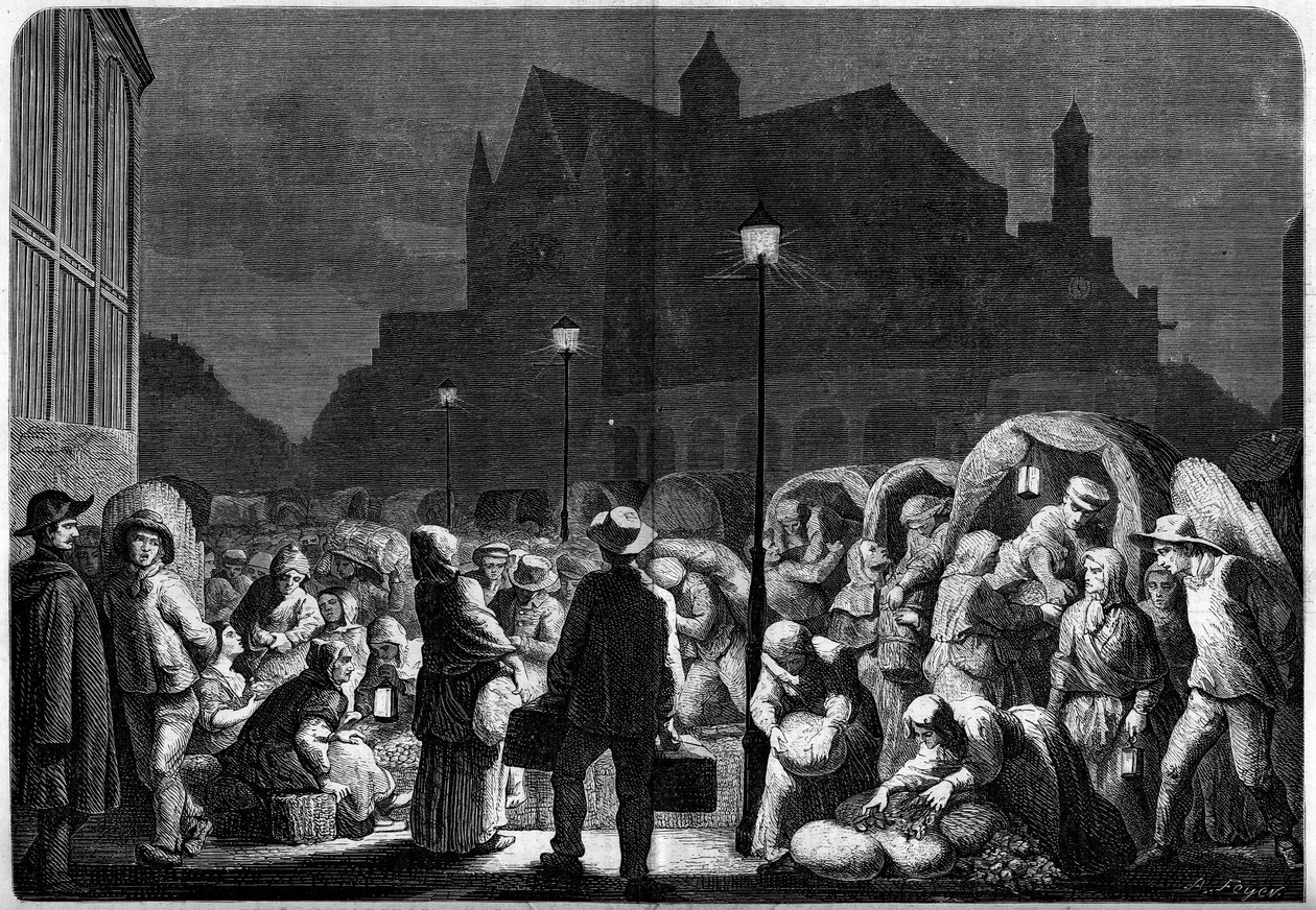 Abastecimento nocturno dos salões de Paris, perto da igreja de Santo Eustáquio de French School