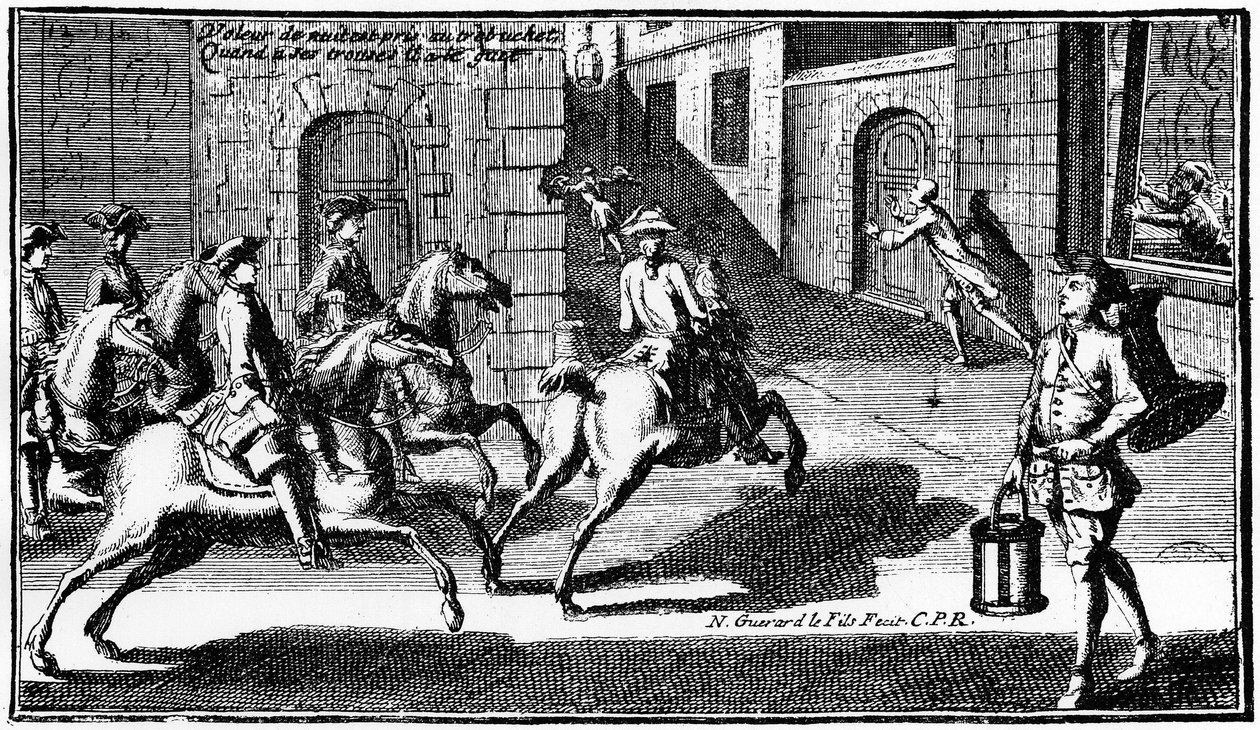 Ladrão noturno perseguido pelo vigia - gravura de French School