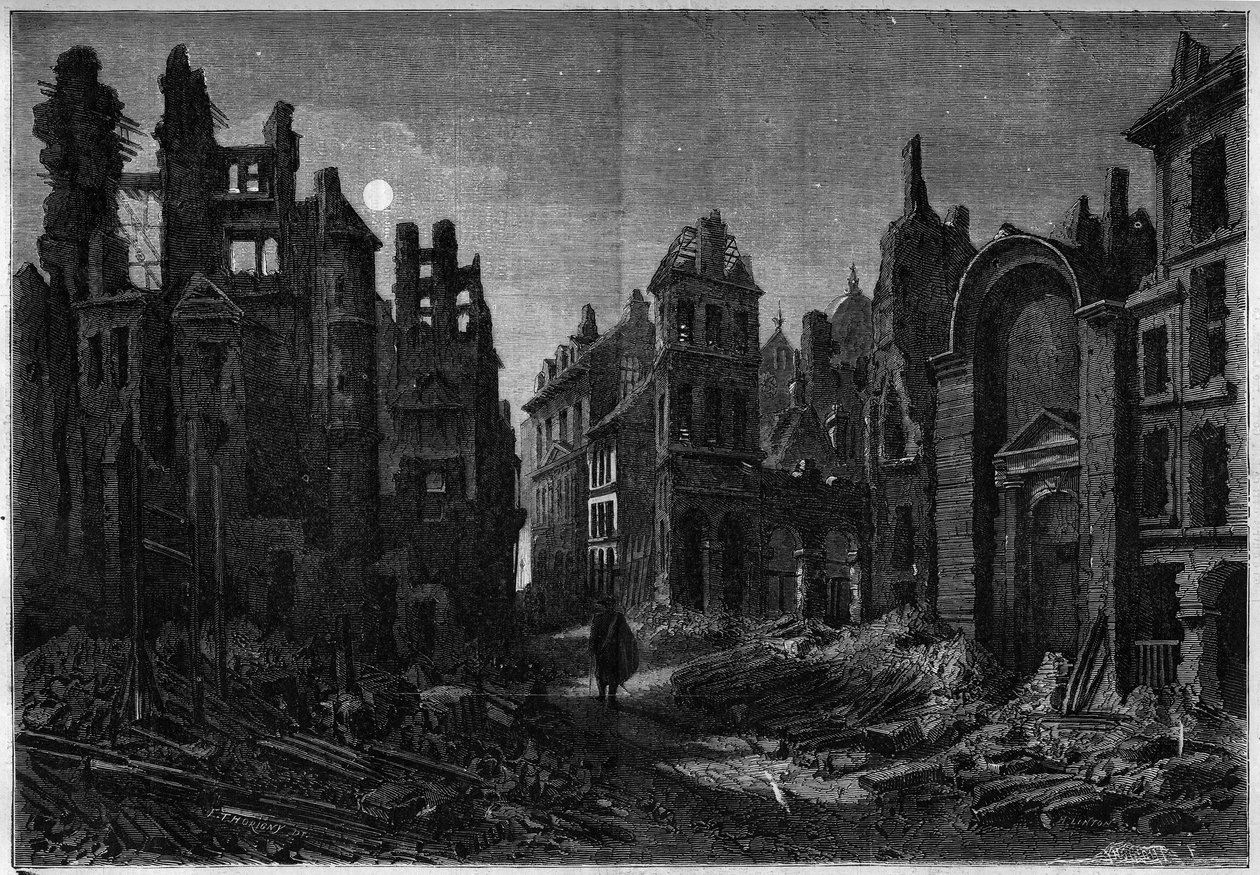 Vista noturna das ruínas do Bairro Latino em Paris de French School