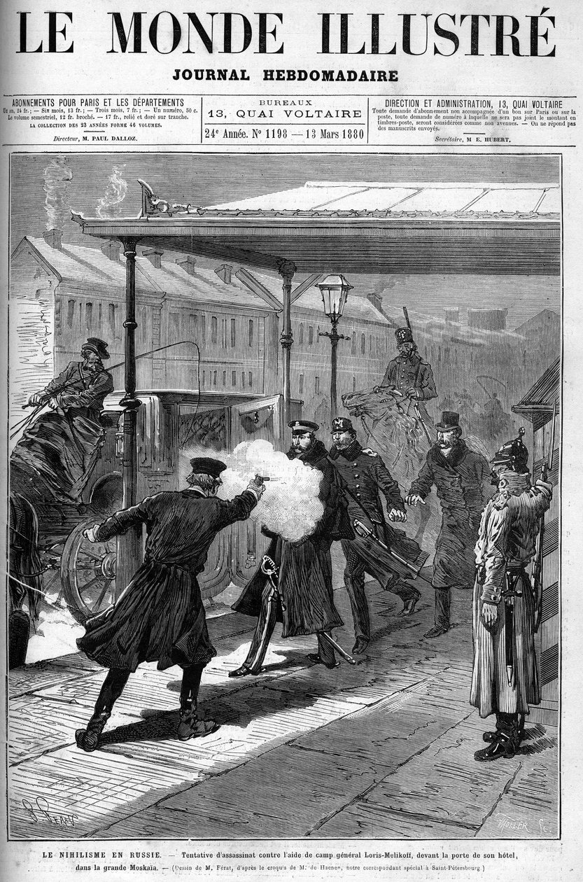 Niilismo na Rússia - Tentativa de assassinato contra o Aide de Camp, General Loris Melikoff, no exterior da porta do seu hotel no grande Moskaia. Capa de "O Mundo Ilustrado", março de 1880. de French School