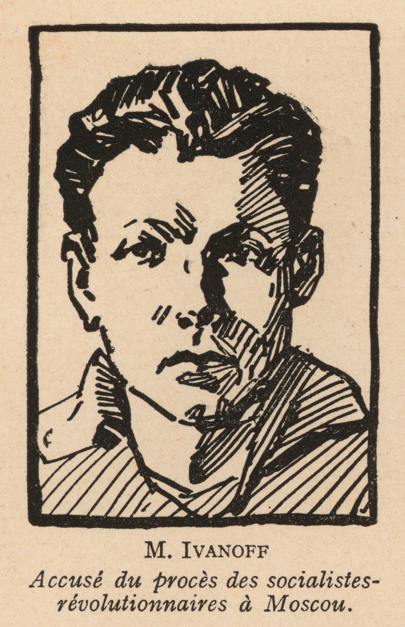 Nikolai Ivanov, político socialista revolucionário russo que foi um dos arguidos no Julgamento dos Socialistas Revolucionários em Moscovo, em 1922, o primeiro julgamento de fachada soviético (litografia) de French School