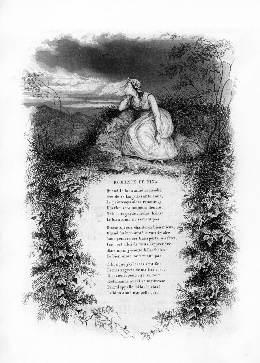 O romance da Nina. Uma mulher solitária com um vestido de noiva na beira de uma estrada rural. Gravura em "Chants et chansons populaire de la France", Tomo 2 de French School