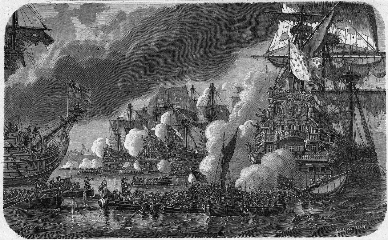 Guerra dos Nove Anos (Guerra da Liga de Augsburgo) (1688-1697): a Batalha da Houga em 19-05-1692 entre a frota anglo-holandesa e a frota francesa do Vice-Almirante Anne Hilarion de Costentin (Cotentin), Conde de Tourville (1642-1701). Ela viu a derrota de French School