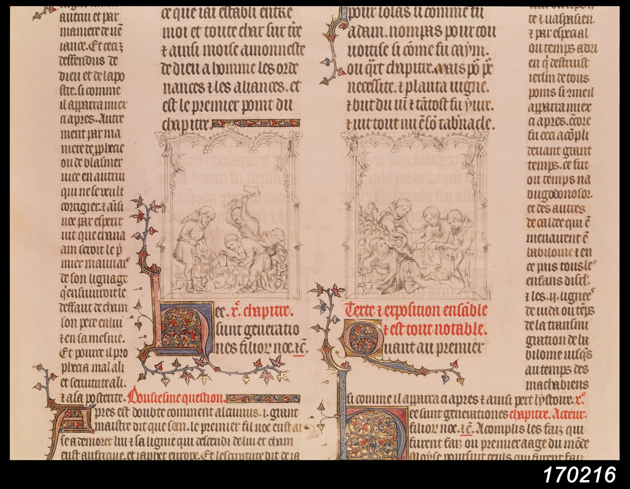 Noé na vinha e embriaguez de Noé, da Bíblia de Jean Sy, c.1355 de French School