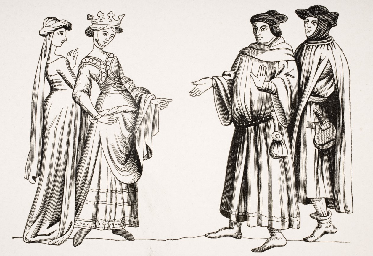 Noble Lady e Maid of Honor e Two Burgesses, depois de uma miniatura em &39;Maravilhas do Mundo&39;, de &39;A Idade Média e o Renascimento&39; de Paul Lacroix (1806-84) publicaram 1847 de French School