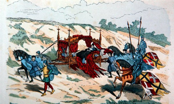 Nobre sendo transportado em uma ninhada por retentores durante o século XIV na Europa (litho colorido) de French School