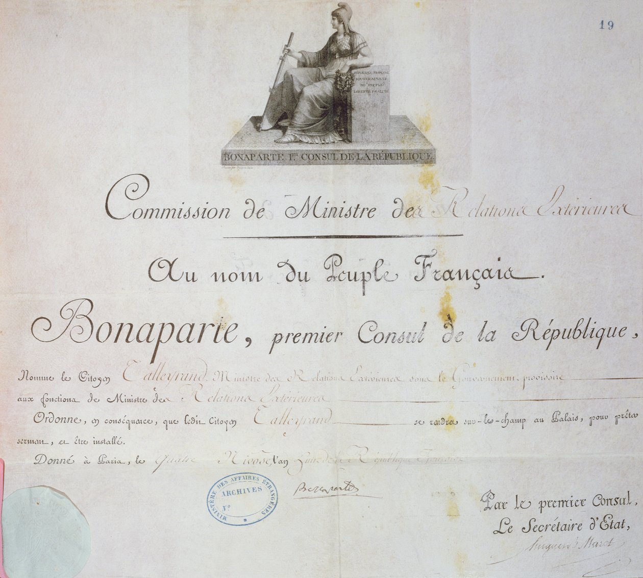 Nomeação de Charles Maurice de Talleyrand-Perigord (1754-1838) para o cargo de Ministro dos Negócios Estrangeiros, c.1797 de French School