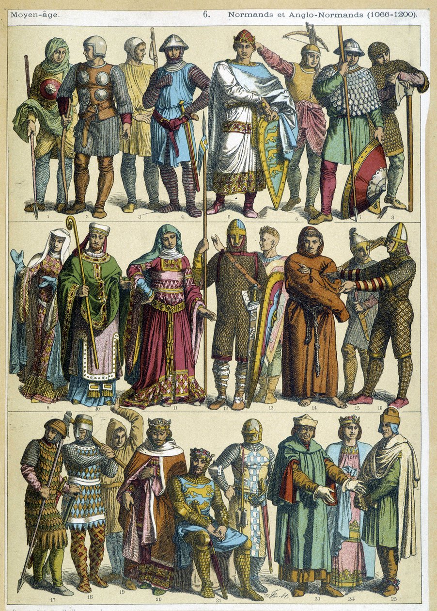 Roupas civis, religiosas e guerreiras normandas e anglo-normandas (1066-1200) - gravura de French School