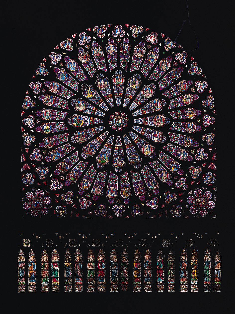 Janela do rosário do transepto norte, representando a Virgem e o Menino no centro, rodeada de caracteres do Antigo Testamento, concebida em c.1250 de French School
