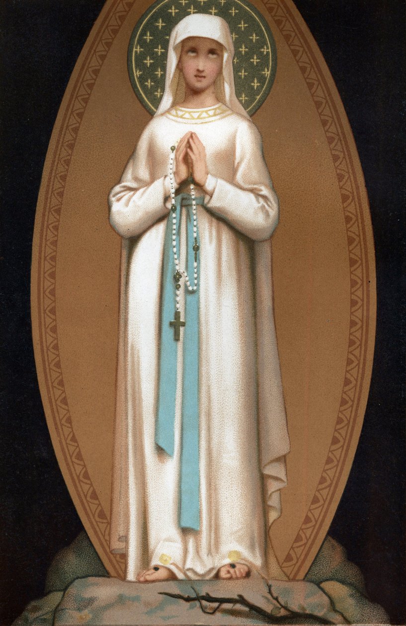 Notre Dame de Lourdes: representação da Virgem Maria como teria aparecido a Bernadette Soubirous na gruta de Lourdes, em 1858. Cromolitografia. Frontispício de "Notre Dame de Lourdes" de Henri Lasserre de French School