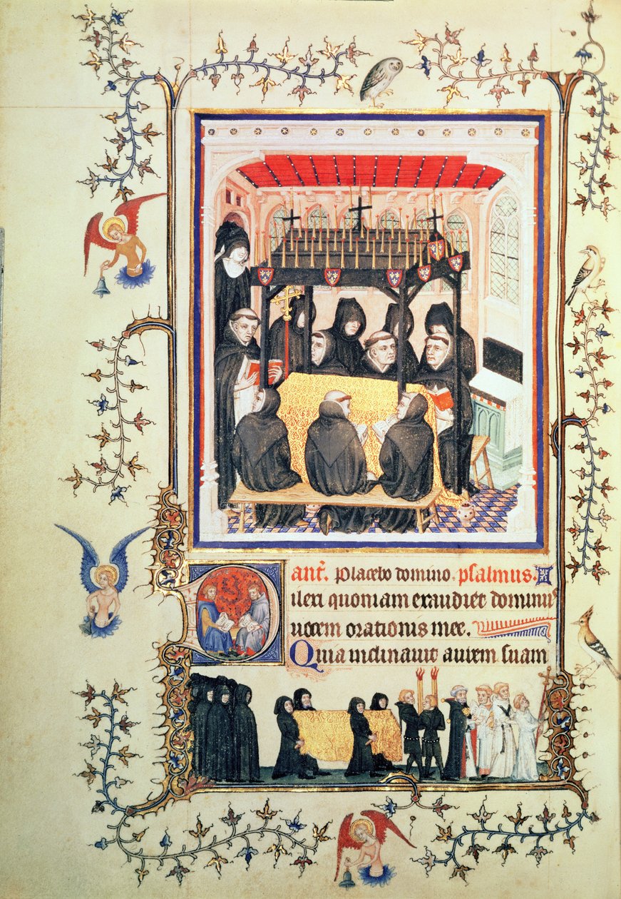 Novo Lat 3093 f.104 Monges fazendo orações, desde as Belas Horas de Nossa Senhora do Duque de Berry, c.1380 de French School