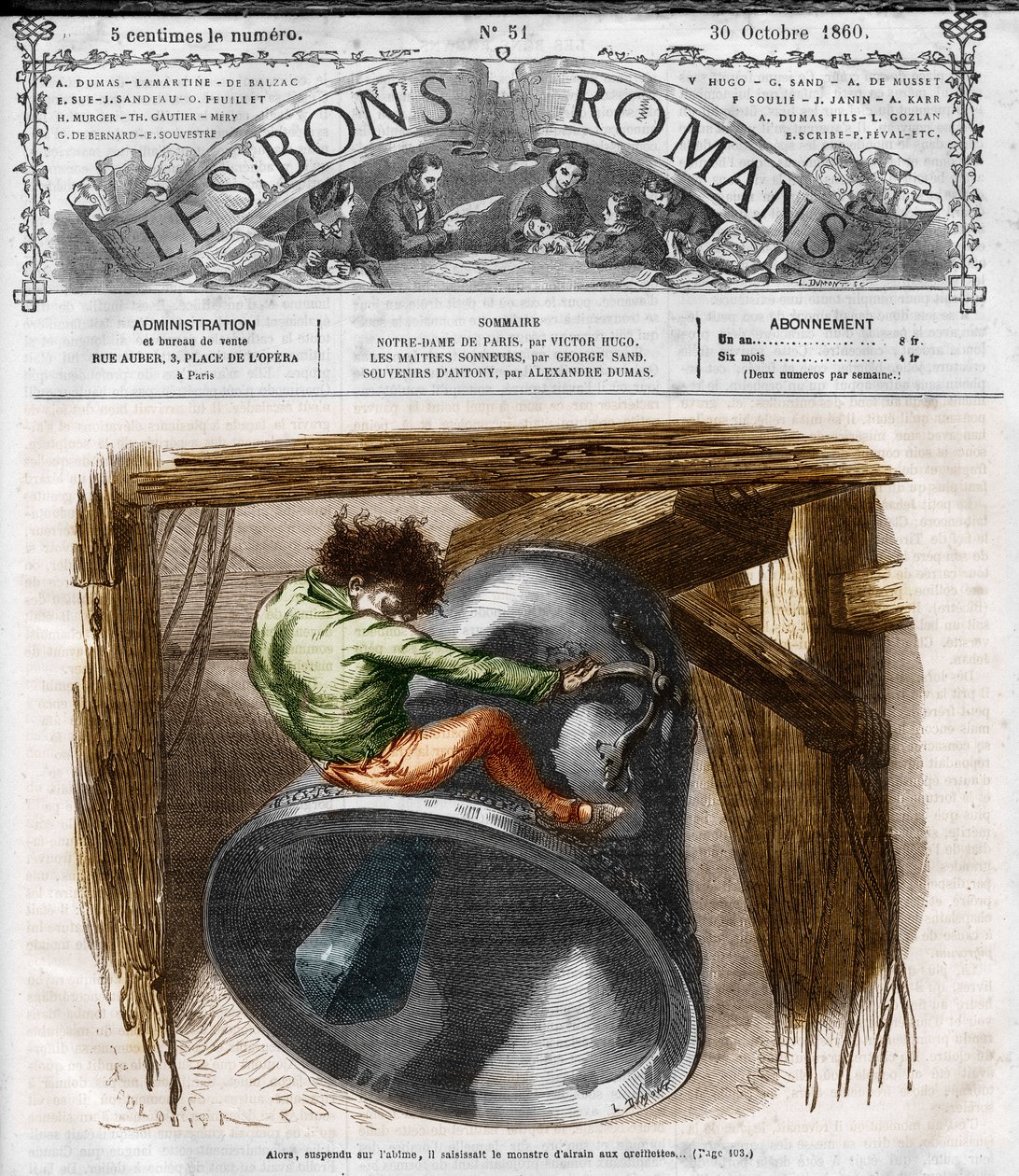 Série de romances: "Notre Dame de Paris" de Victor Hugo (1802-1885). Quasimodo na torre do sino. Gravação em "Les bons romances". de French School