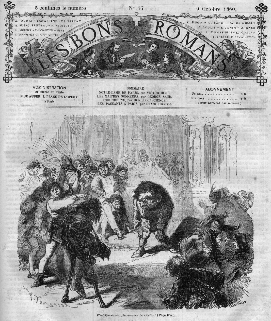 Série de romances: "Notre Dame de Paris" de Victor Hugo (1802-1885). As multidões assustadas e rindo diante de Quasimodo, os sinos tocam. Gravação em "Les bons romances". de French School