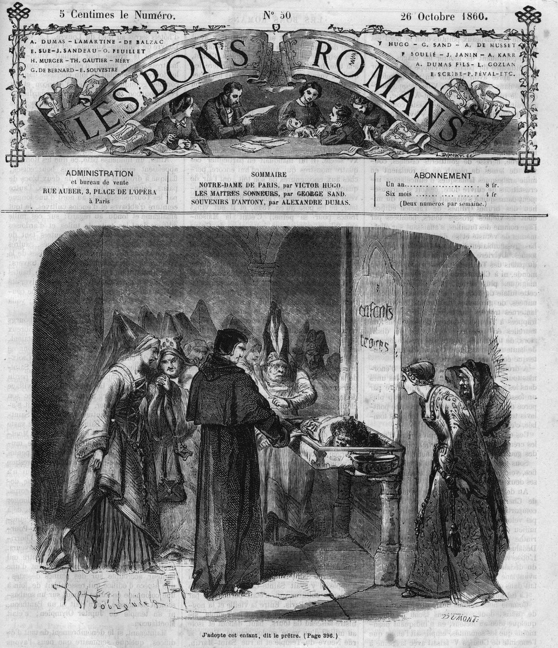 Série de romances: "Notre Dame de Paris" de Victor Hugo (1802-1885). O padre decide adotar Quasimodo. Gravação em "Les bons romances". de French School
