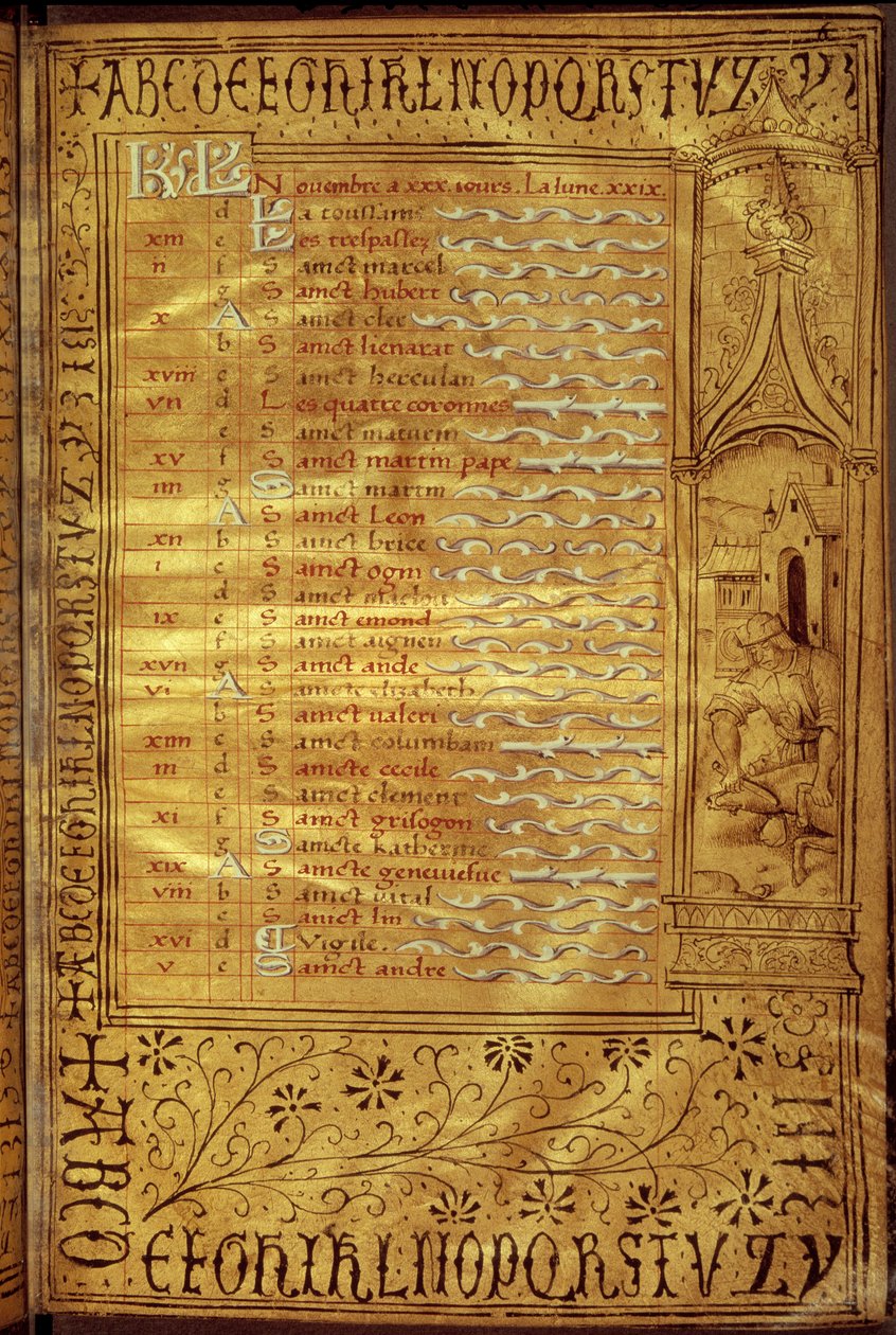 Página do calendário de novembro: representação de um camponês a descobrir um porco. Manuscrito francês de French School