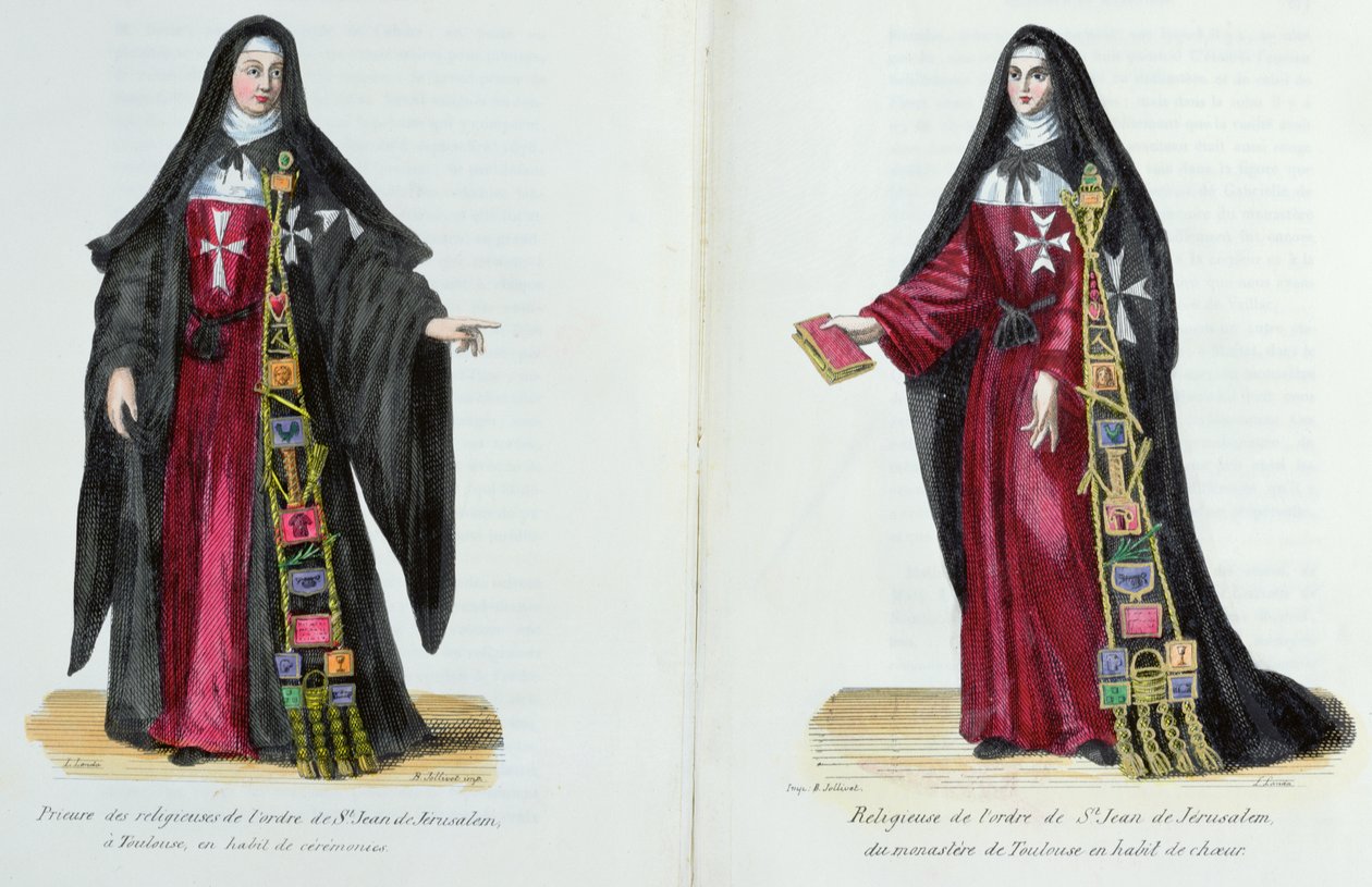 Freiras da Ordem de São João de Jerusalém, ilustração da História e Trajes de Ordens Monásticas de Padre Helyot, 1842 de French School