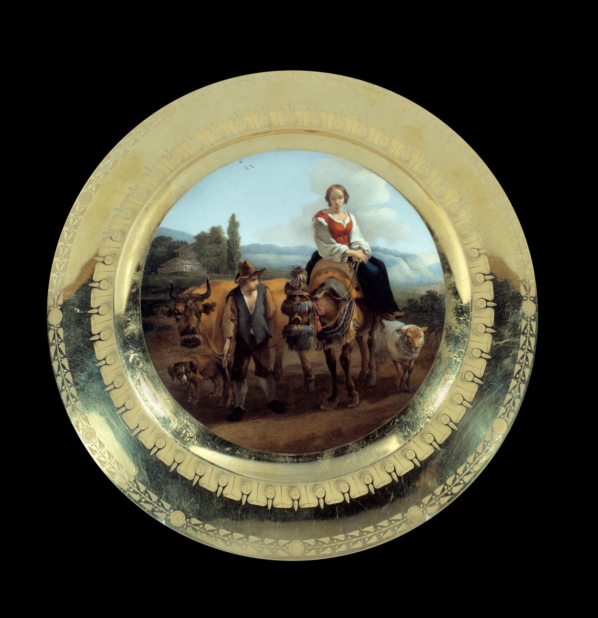 Objectos Primeiro Império: placa do Serviço do Príncipe Eugene: bergere numa paisagem perto de Siena. Realizado no fabrico conhecido como o Duque de Angouleme (1781-1828), Malmaison, Musee Du Chateau. de French School