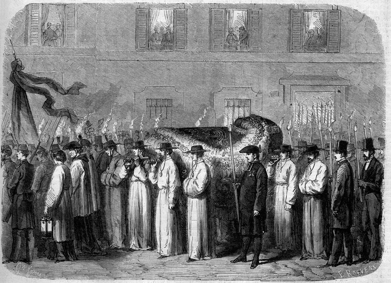 Obseques de Jean Baptiste (Giovanni Battista) Niccolini (1782-1861), 21 de Setembro de 1861: comboio fúnebre carregando os restos mortais do poeta italiano nas ruas de Florença (Firenze), Itália. Gravura no "Le Monde Illustré" n°234 de 5 de outubro de 1861 de French School