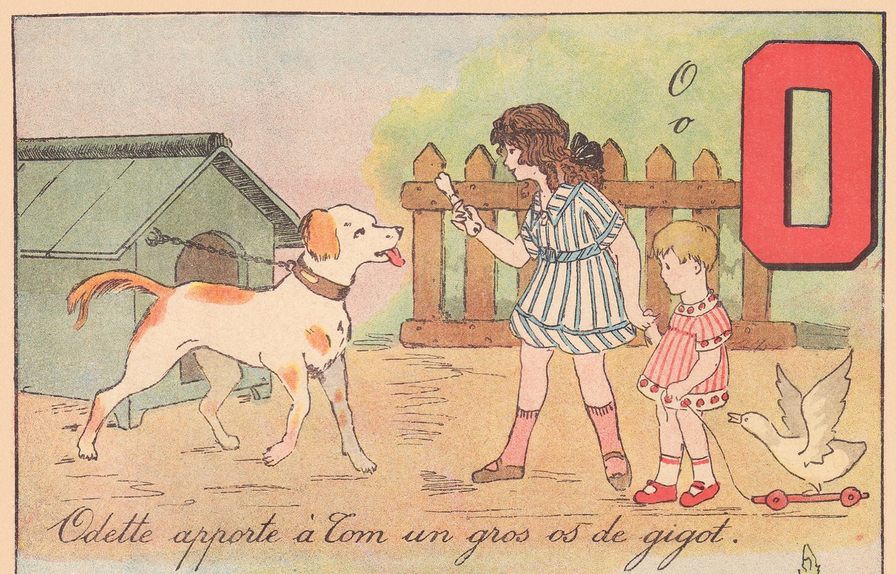Odette traz para Tom um grande osso da perna, por volta de 1920 (gravura) de French School