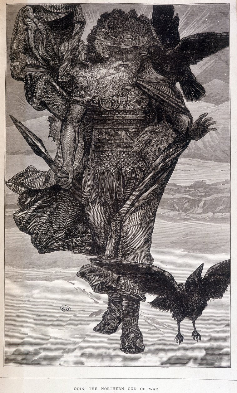 Odin, deus germânico da guerra e da poesia - gravura de French School