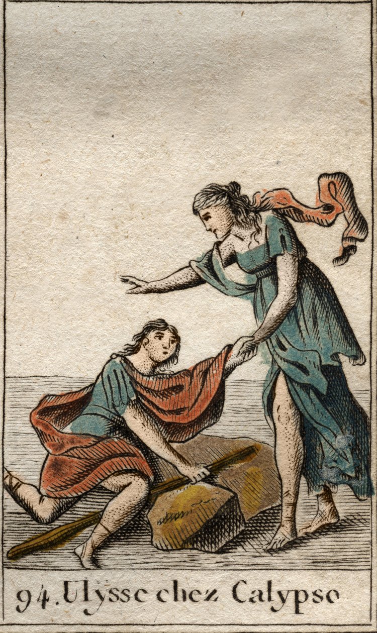 Odisseu de Homere: Ulisses recolhido pela ninfa Calipso na sua ilha. (Odisseia de Homero: Odisseu descoberta por Calipso a ninfa em sua ilha) de "Mythologie de la jeunesse" de Pierre Blanchard 1803. de French School