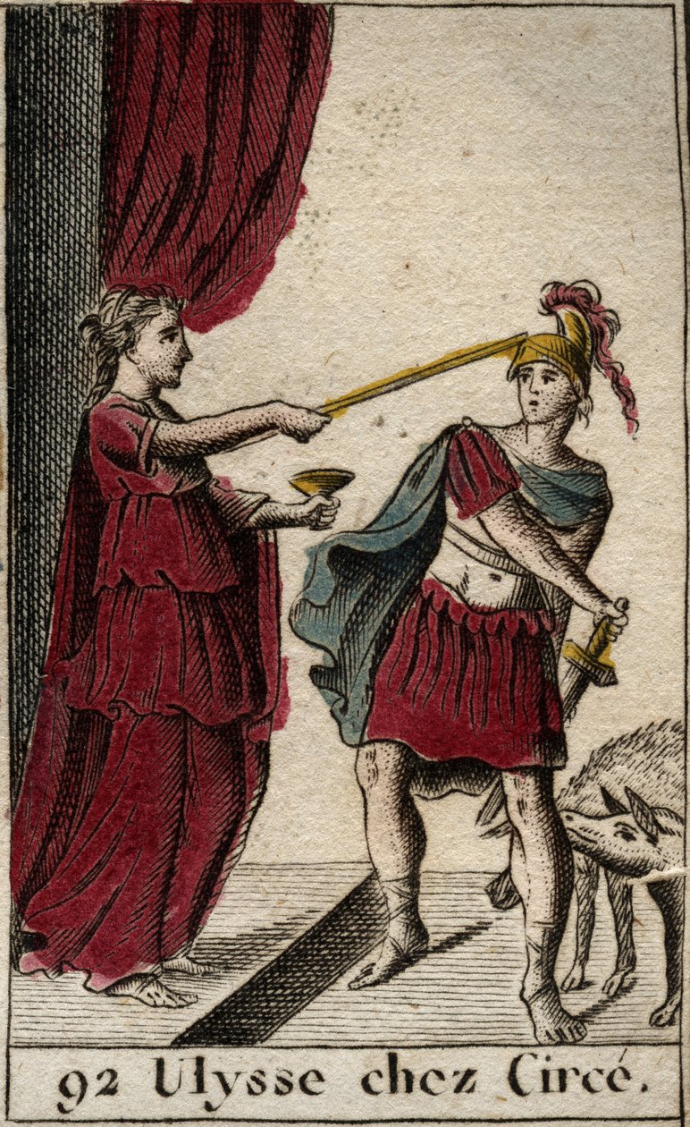 Odisseu de Homero: os heróis Ulisses em Circe, o mágico. Atrás dele, os seus companheiros, ela transformou-se em porcos. A Odisseia de Homero: Odisseu em Circe, a feiticeira. Atrás dele, suas companheiras ela se transformou em porcos) De "Mythologie de la  de French School