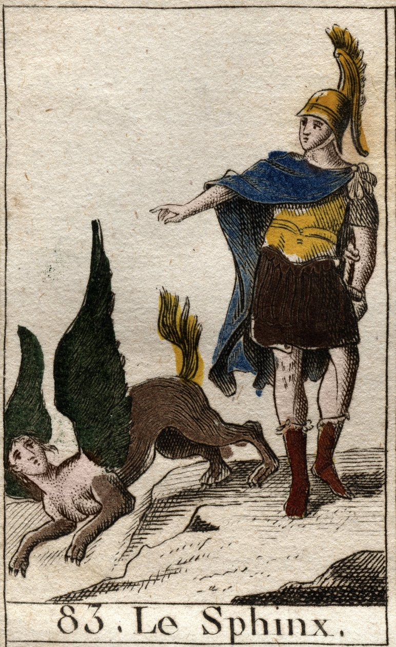 Édipo resolve o enigma da esfinge que se atira da sua rocha alta. Da "Mitologia da Juventude", de Pierre Blanchard 1803. de French School