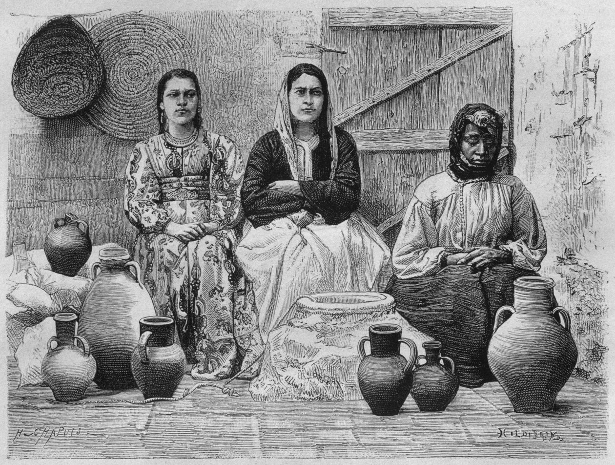Comerciantes de petróleo em Jerusalém, da Síria hoje. Viajar para a Fenícia, o Líbano e a Judéia. 1875-1880 de Louis Charles Emile Lortet, 1884 (gravura do bw) de French School