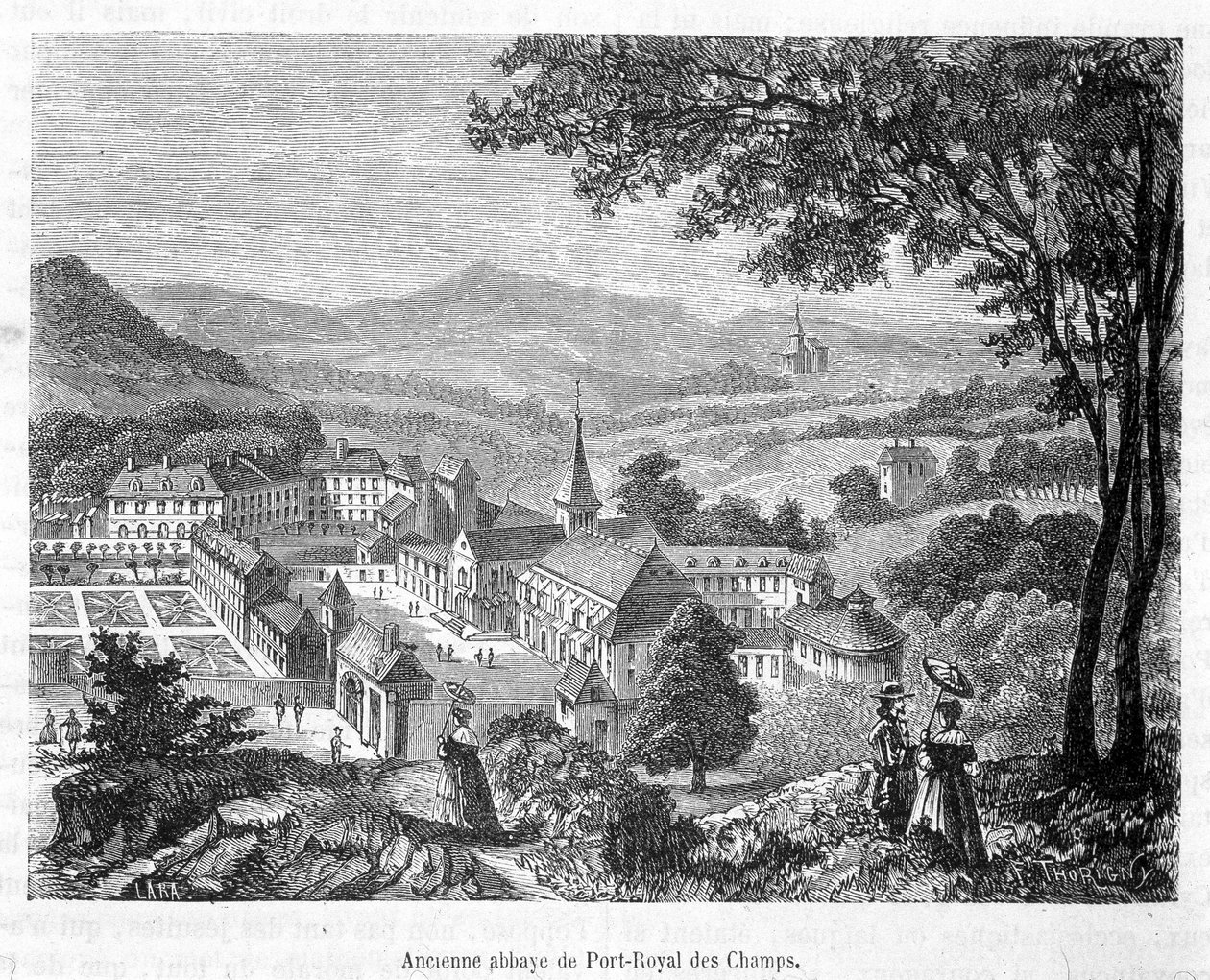 Vista aérea da antiga abadia de Port Royal des Champs (Port-Royal-des-Champs) - gravura de French School