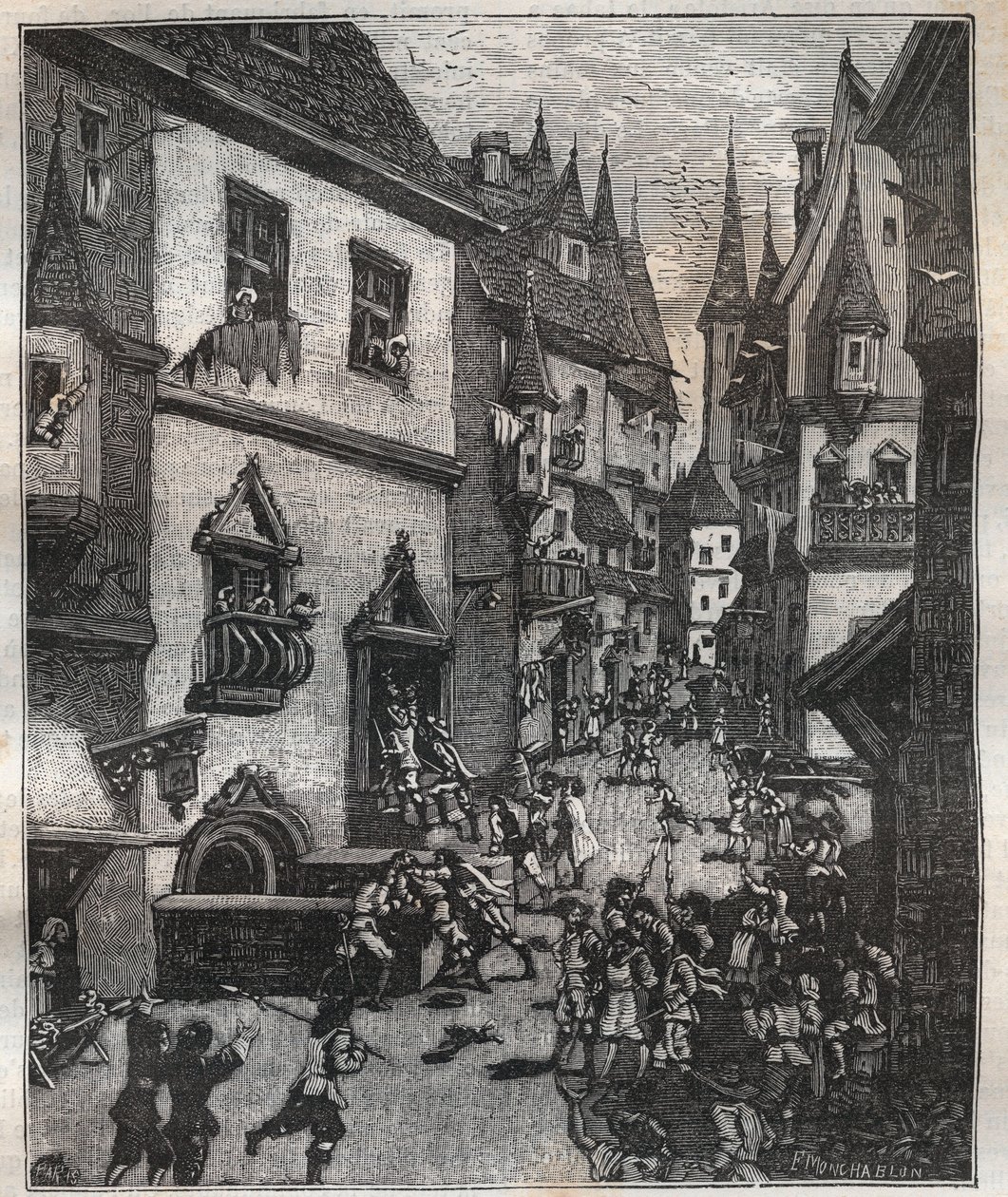 Em 20 de Maio de 1636 oito falsificadores foram presos na rue Champfleuri por dois comissários de polícia acompanhados por uma dúzia de sargentos - em "Paris a travers les siecles" de Nicolas Jules Henri Gourdon de Genouillac (1826-1898) de French School