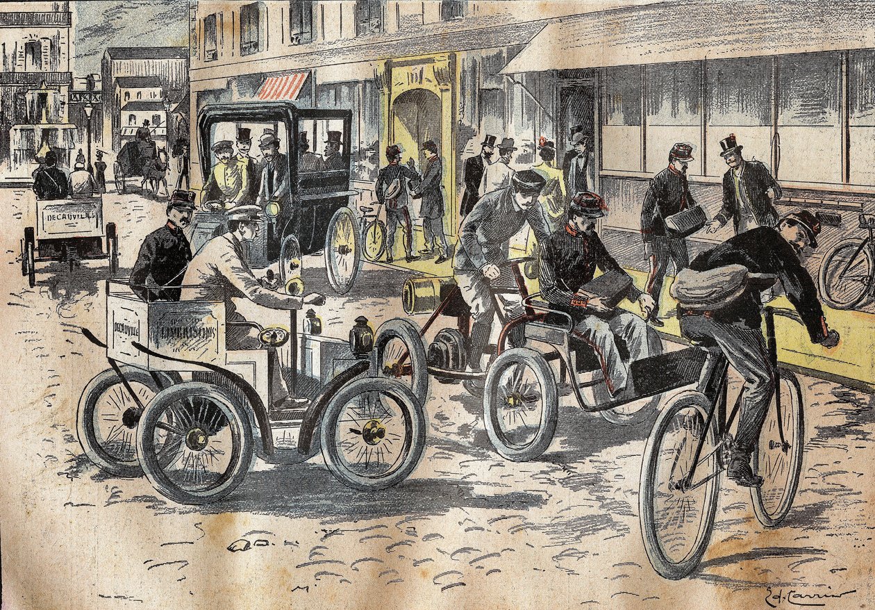Em 5 de outubro de 1899, o subsecretário de Estado dos Correios Leon Mougeot (1857-1928) presidiu os primeiros testes de bicicletas e automóveis diversos, para o levantamento do correio, na estação central dos correios do XII arrondissement de Paris. Gravu de French School