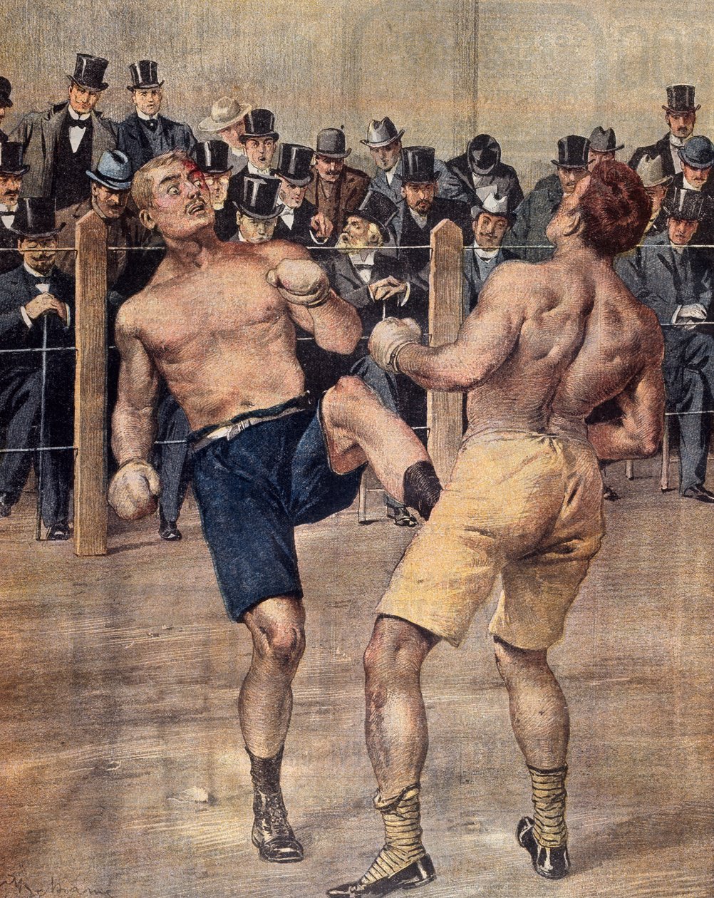 Uma das primeiras reuniões privadas, o boxe francês, lutou em Paris em 1899, a gravação a cores. França de French School