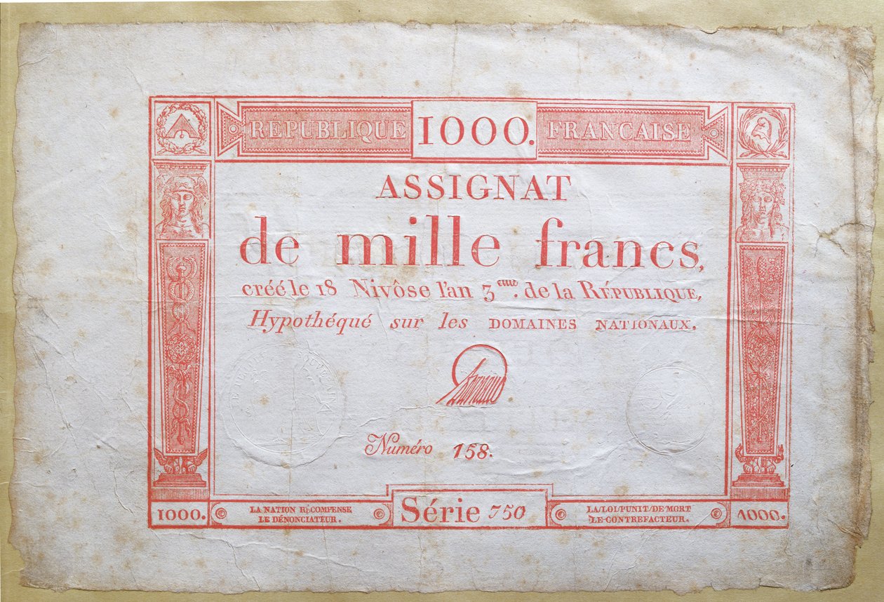 Nota de mil francos, 1795 (tinta sobre papel) de French School