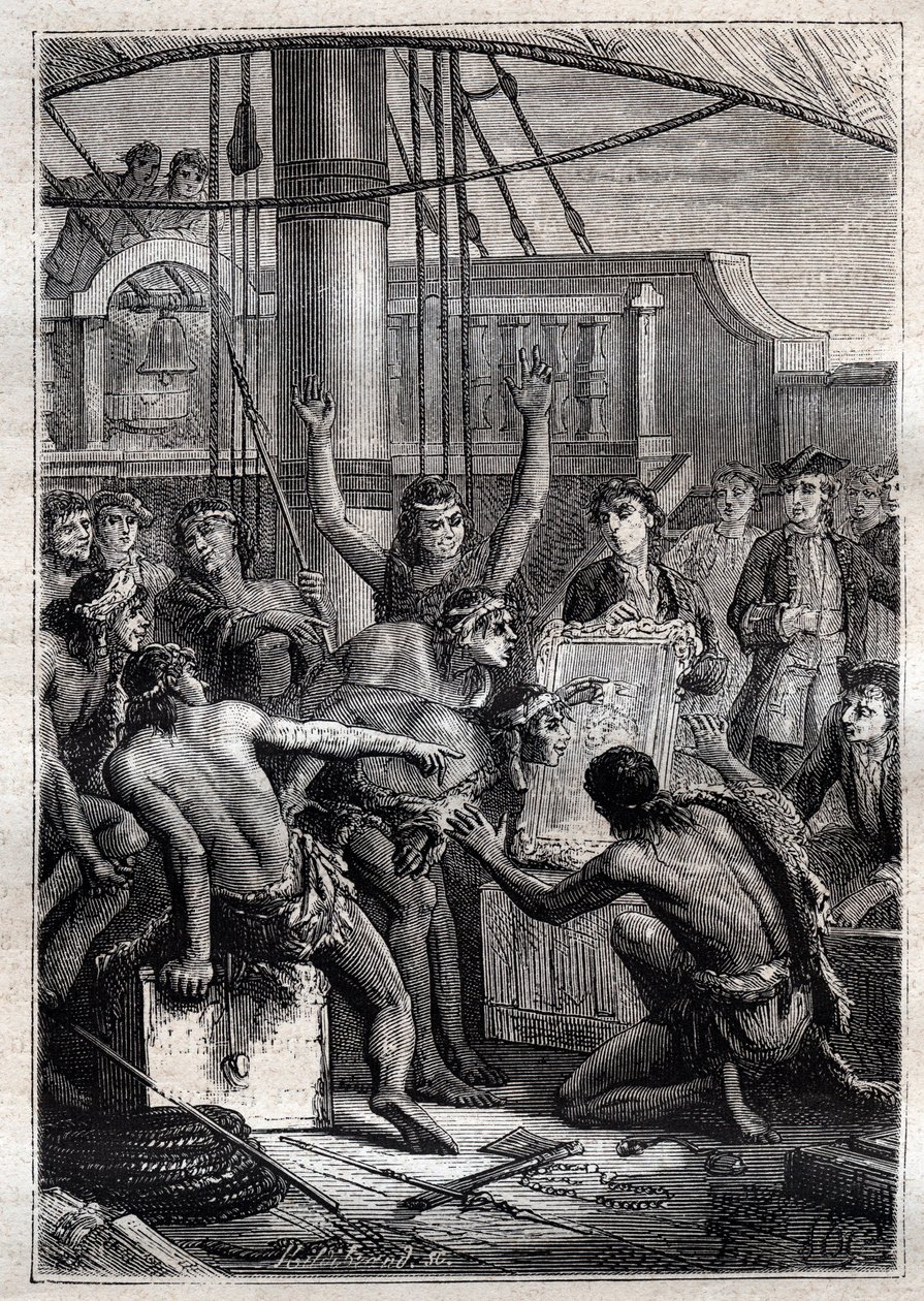 Só um espelho tinha o dom de excitar o seu espanto: A Viagem de Samuel Wallis (1728-1795) na Polinésia - indigenes etonnes por um espelho - ilustração tirada de "Os Grandes Marinheiros do século XVIII". de French School