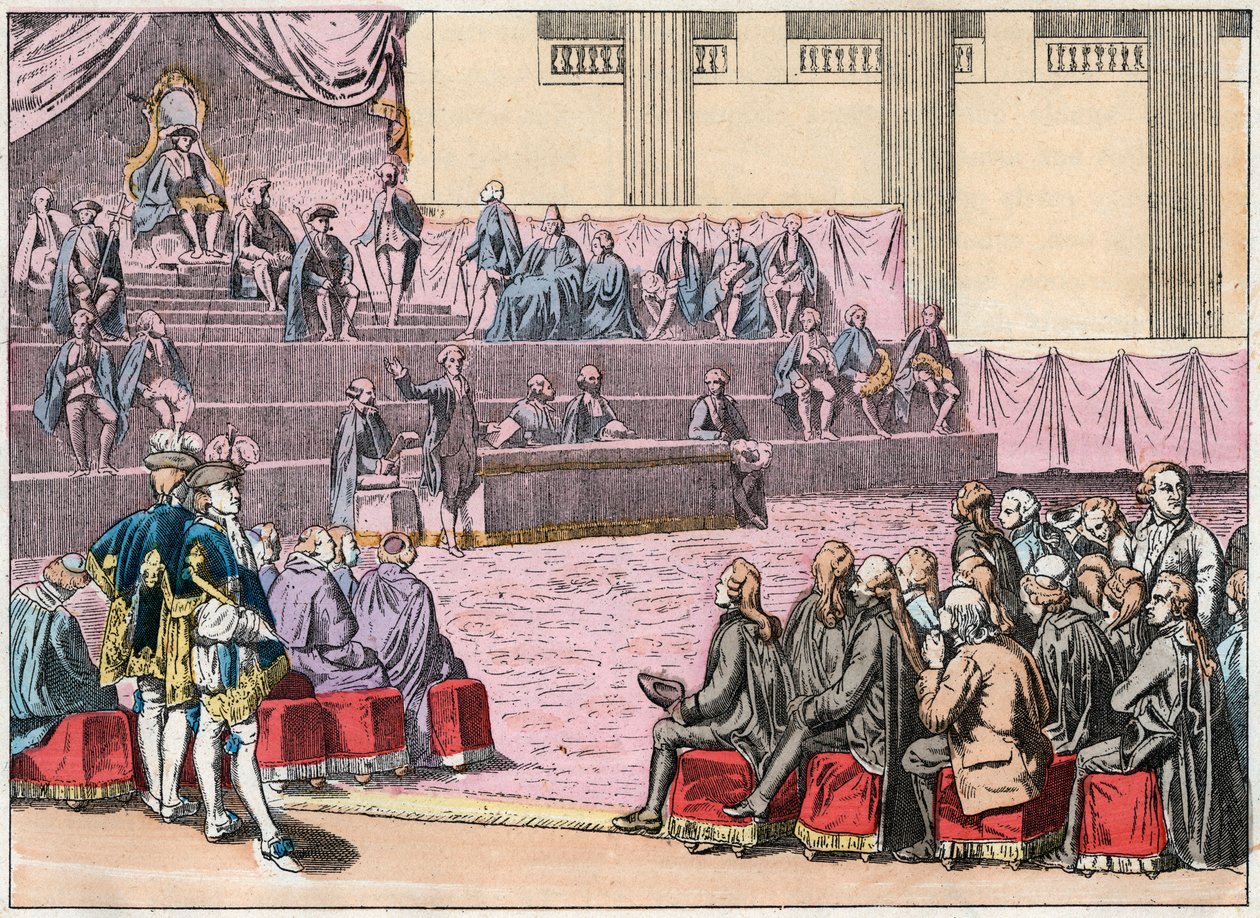 Abertura do General das Fazendas em Versalhes em 5 de Maio de 1789 reunindo as Três Ordens (o Porteiro, a Nobreza e o Terceiro Estado) - Abertura do General das Fazendas em 5 de Maio de 1789 - Gravura do final do século XIX em "Nos Gires Nationales de French School